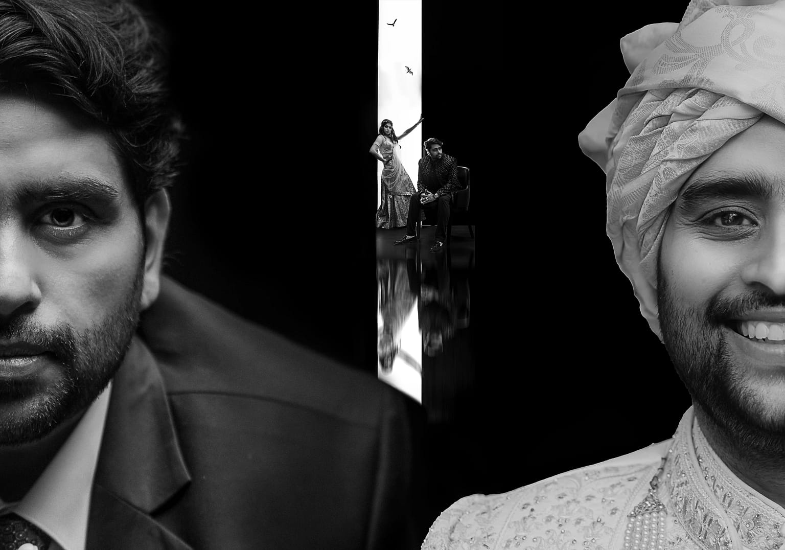 Black and white artistic composite portrait: groom in ornate turban and embroidered sherwani smiling, paired with dramatic close-up profile and center silhouette of couple with birds, editorial wedding photography, Kolkata