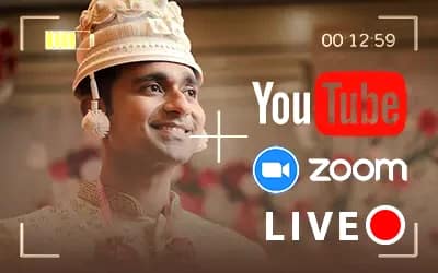 Groom in white turban with camera viewfinder overlay graphic, YouTube, Zoom and Live broadcast logos, wedding live streaming service